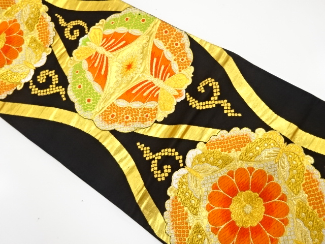 アンティーク　立涌に華紋・蝶模様織り出し袋帯（材料）